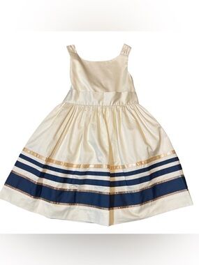 Janie and Jack Parisian Chic Elegant Cream Party Dress with Navy & Gold Hem 4
